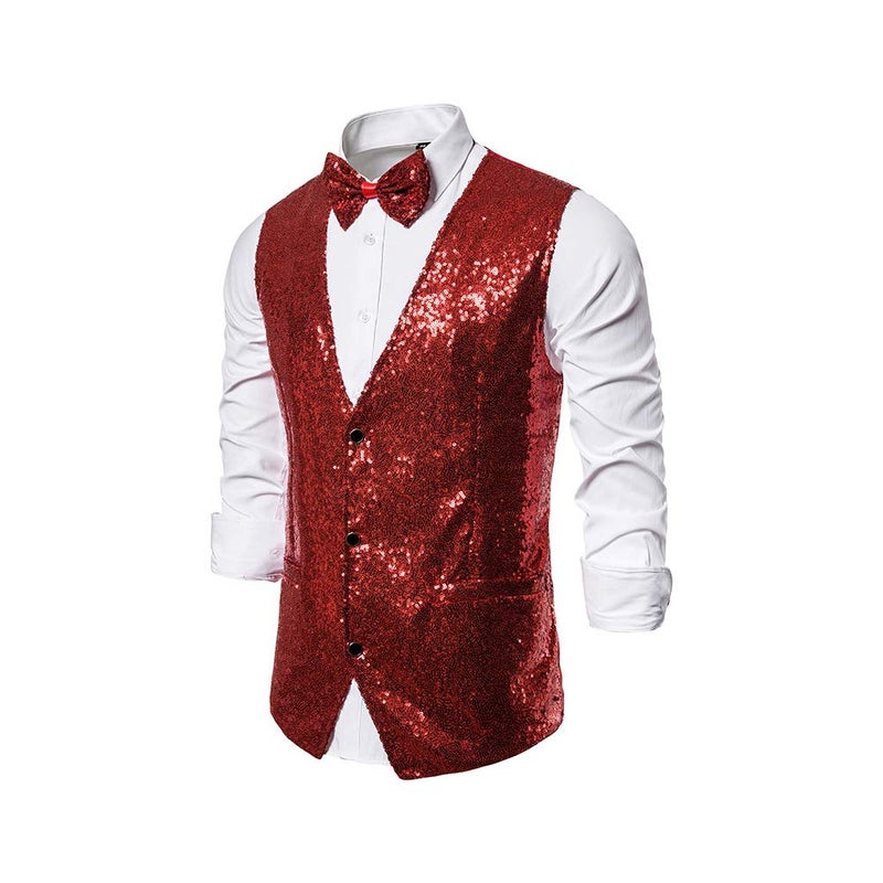 Catheive Men's Sequin Vest Shiny Suit Vest V-Neck Party Dress Waistcoat with Bowtie - Image 3
